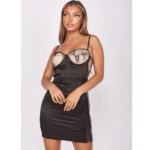 Black Satin Silk Nude Contrast Lace Panel Sleeveless Bustier Bodycon Mini Dress - Picture 2 of 11
